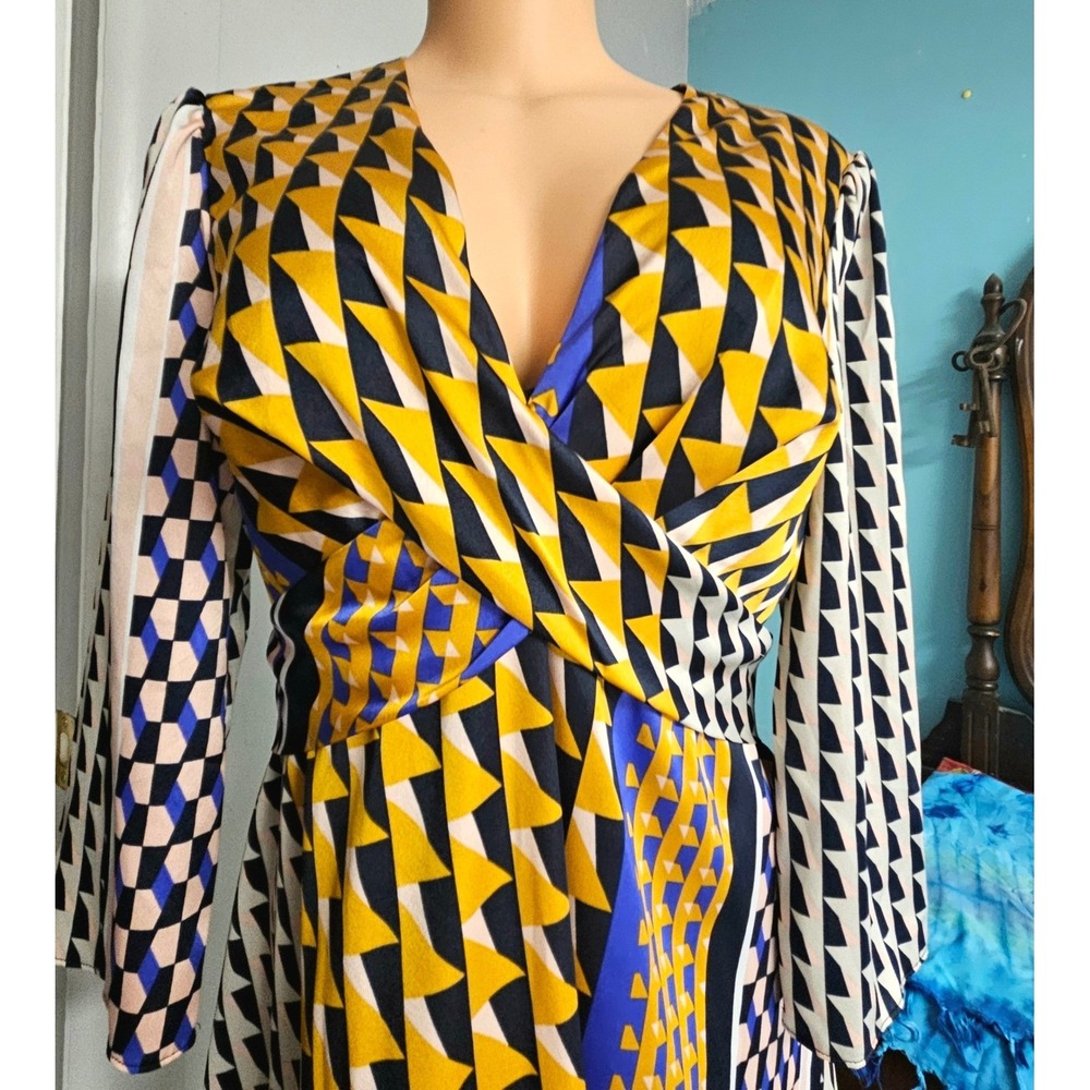 Bar III Geometric Print Faux Wrap Dress Womens Medium‎ Yellow Navy 3/4 Sleeve